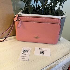 Coach Pebble Leather Double Zip Wristlet Light Blush NWT